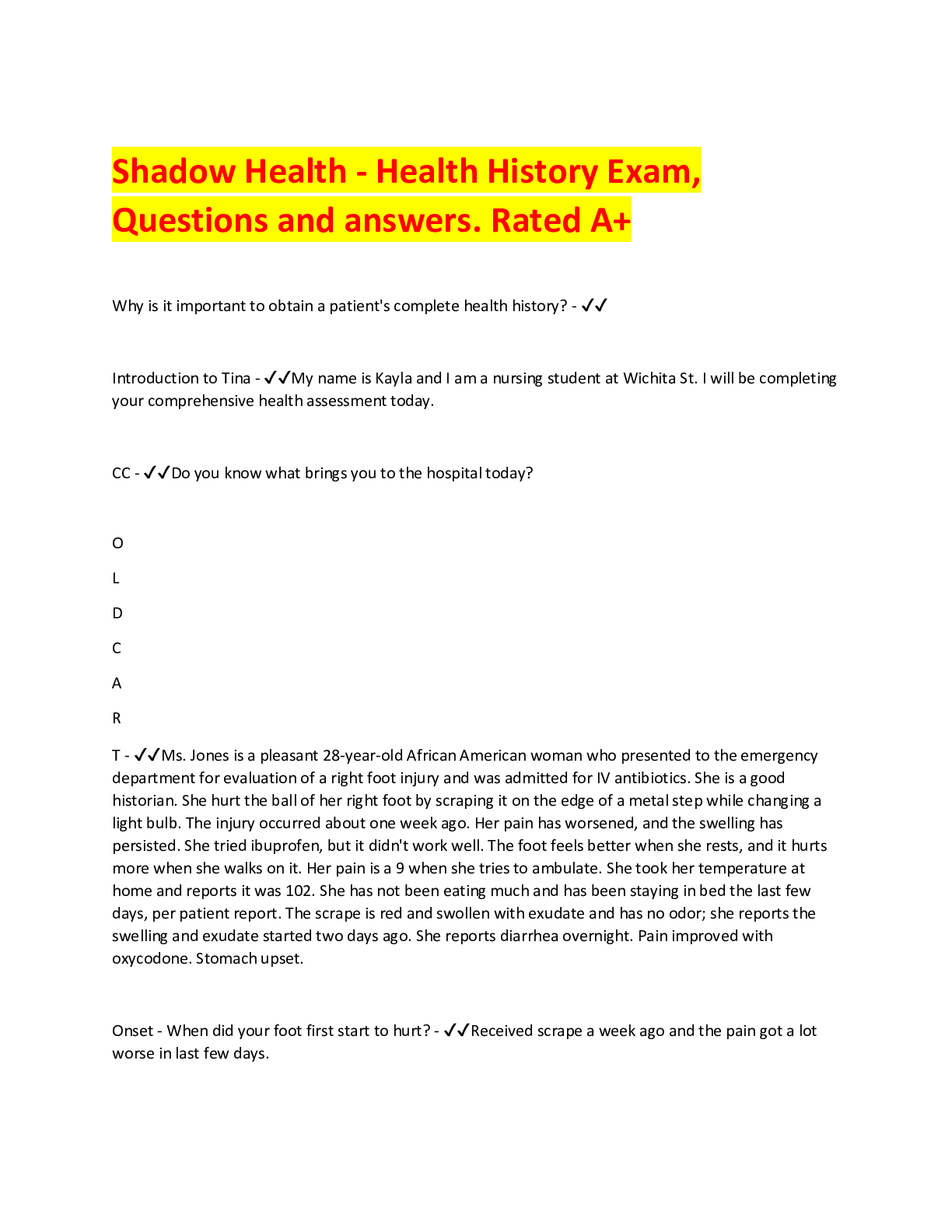 Preview image for Shadow Health - Health History Exam, Questions and answers. Rated A+